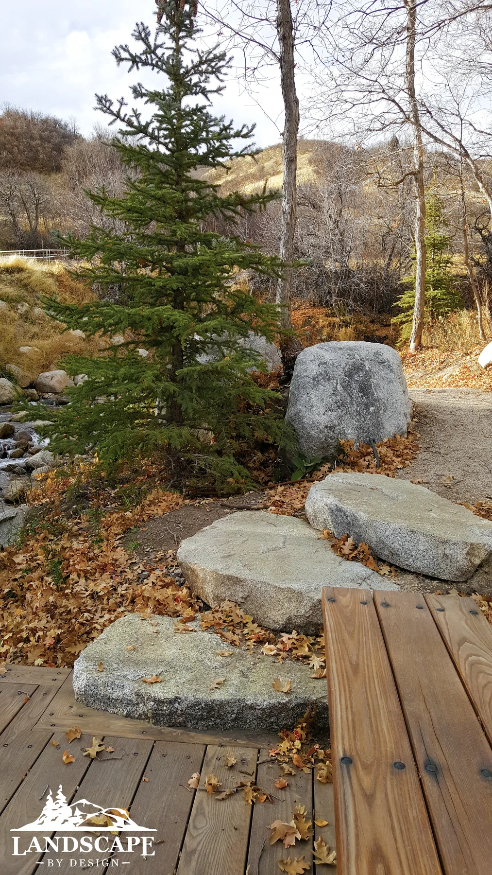 Wood Bench Deck Boulder Stairs